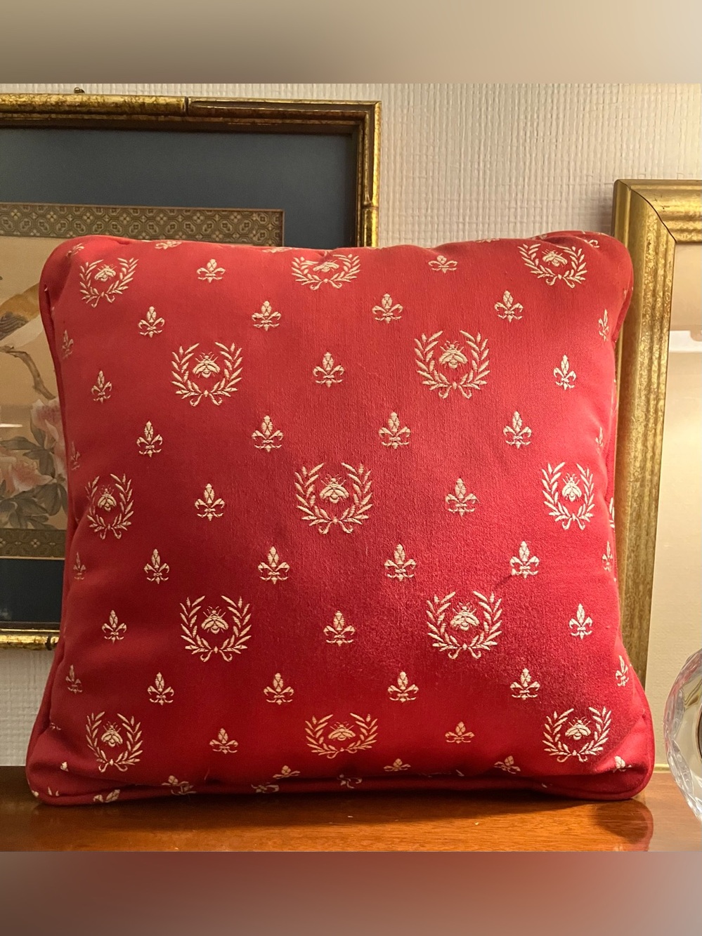 Fleur di lis and bees red pillow